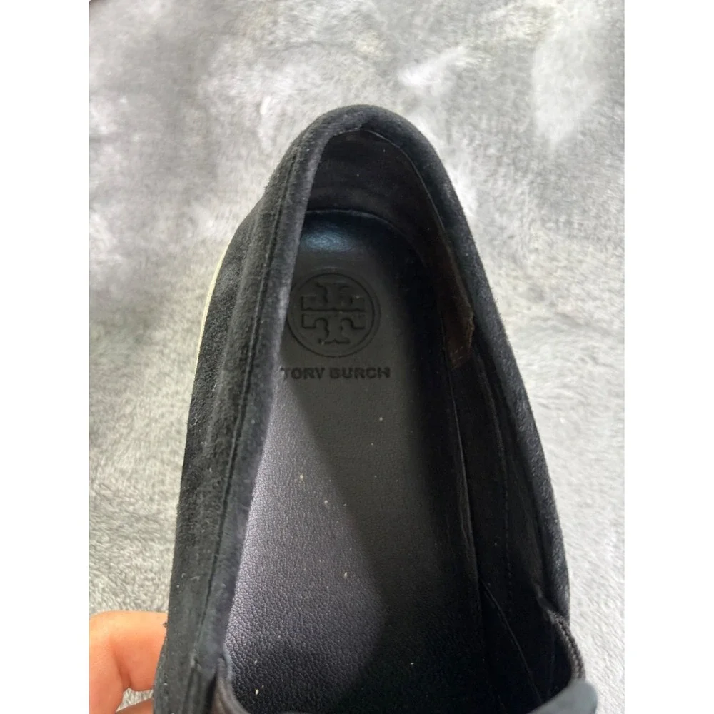 Tory Burch TRVL LITE Women's Size 8M Black Suede Slip On Sneakers Gold Logo Low